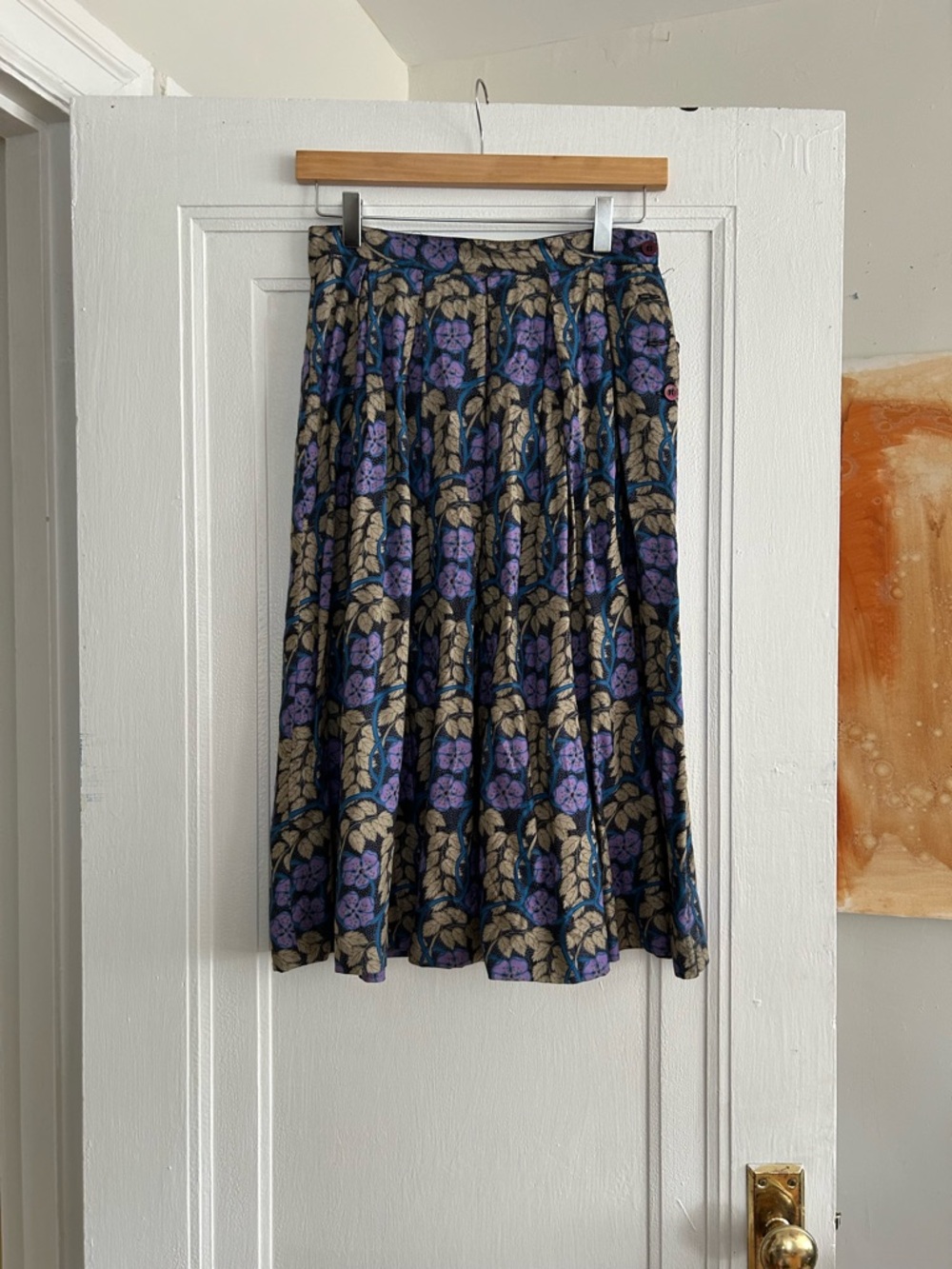 Vintage Floral Midi Skirt in Purple, Black, and Tan